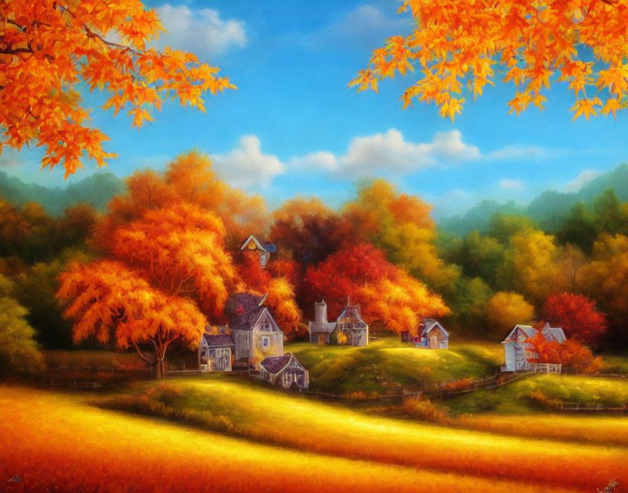 Autumn pastoral scene with vibrant foliage and quaint houses.