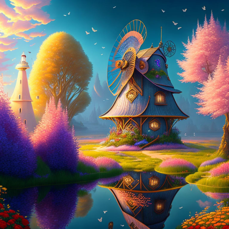 Vibrant illustration of whimsical treehouse with windmill, lighthouse, and tranquil pond