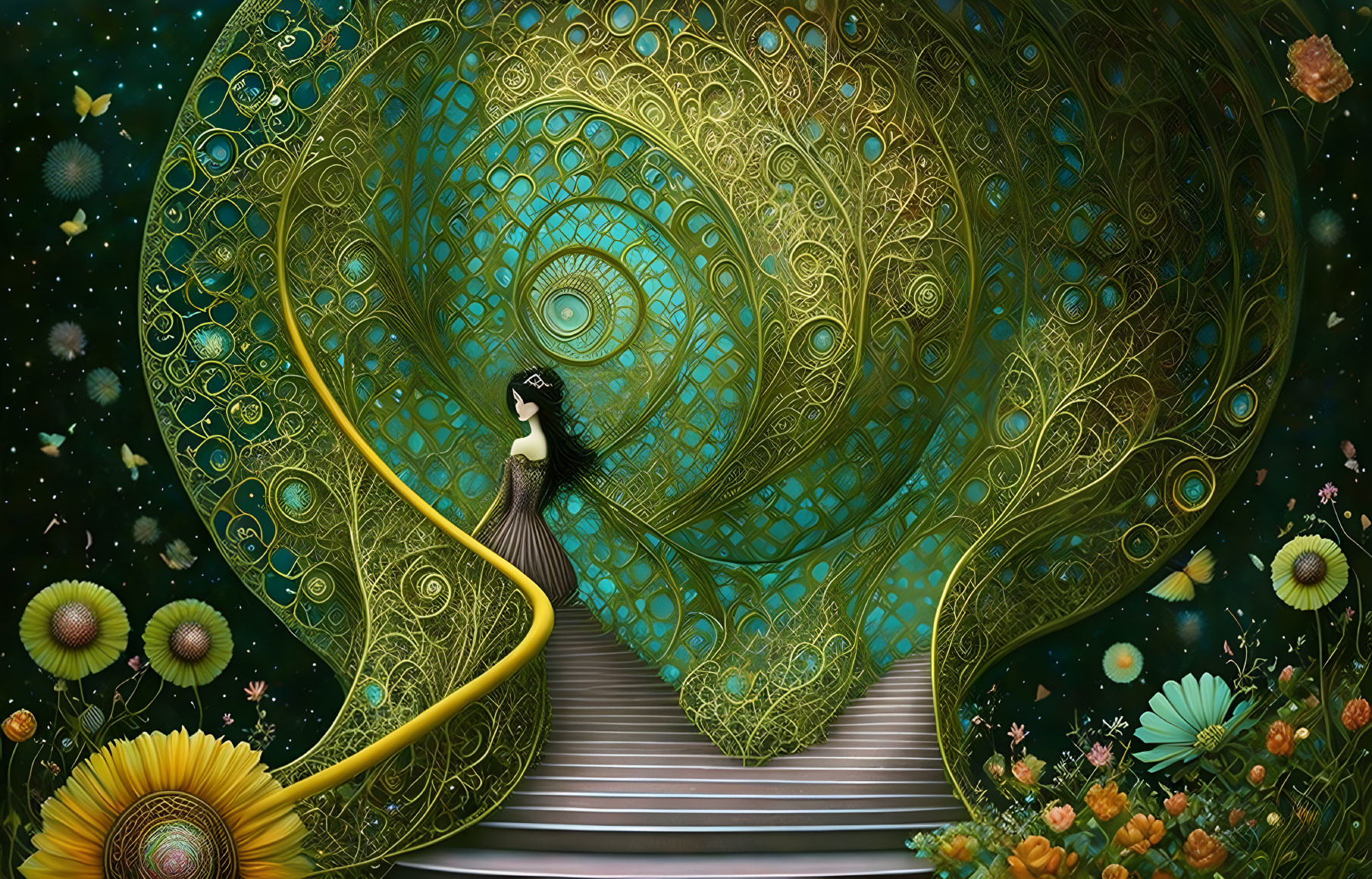 Fantastical illustration: Woman on spiral stairs with ornate peacock in starry setting