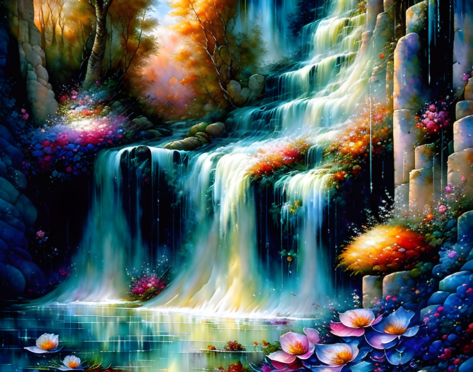 Colorful Flora and Luminous Waterfall in Serene Pond