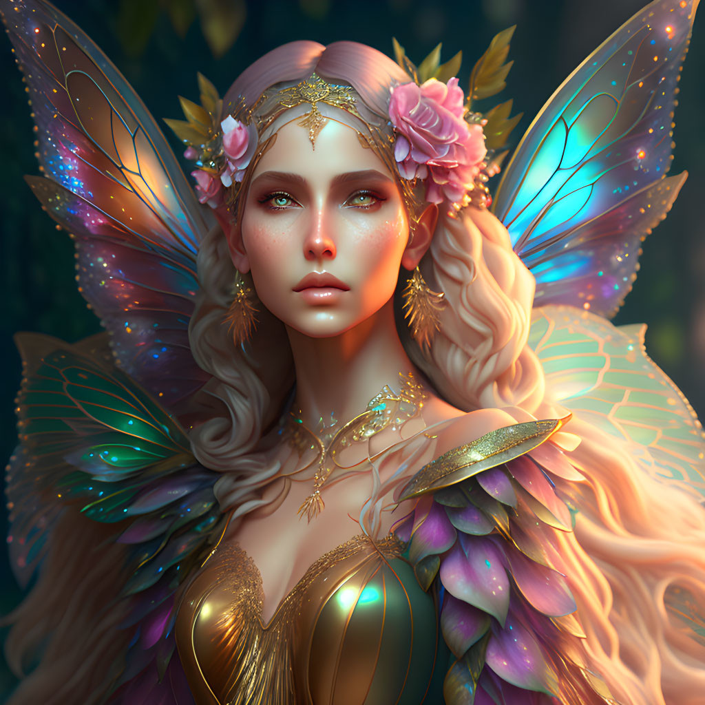 Fantastical female figure with butterfly wings and floral jewelry