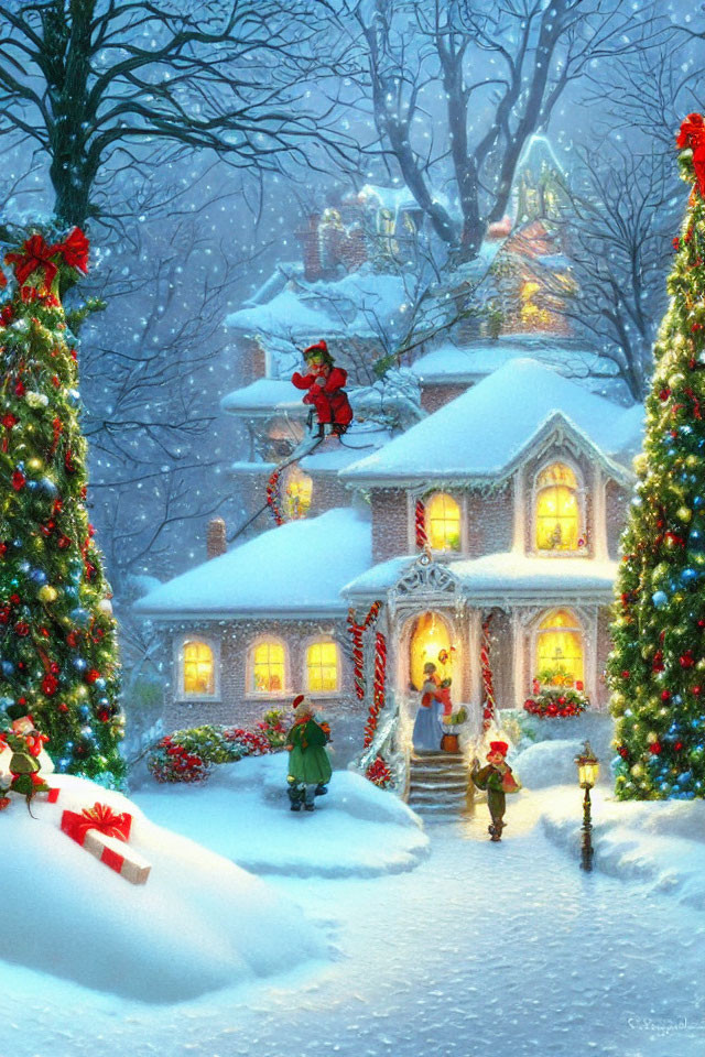 Snowy Christmas scene with decorated trees, Santa on roof, and family greeting.