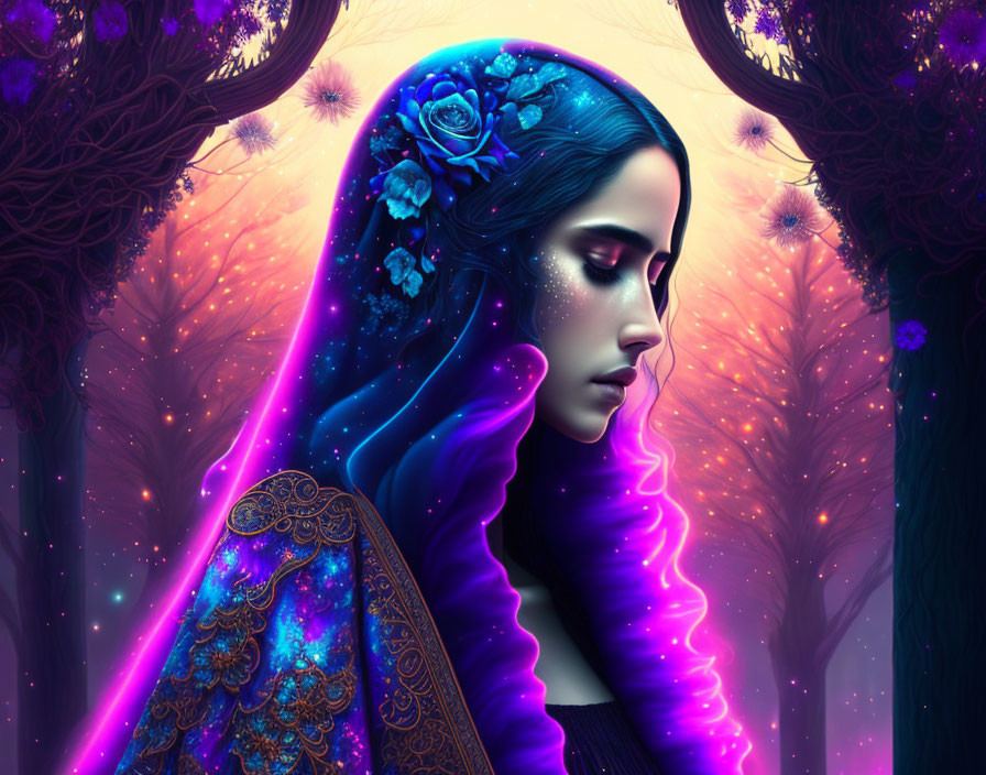 Digital artwork of woman with floral headpiece, purple cloak, and mystical aura in enchanted forest.