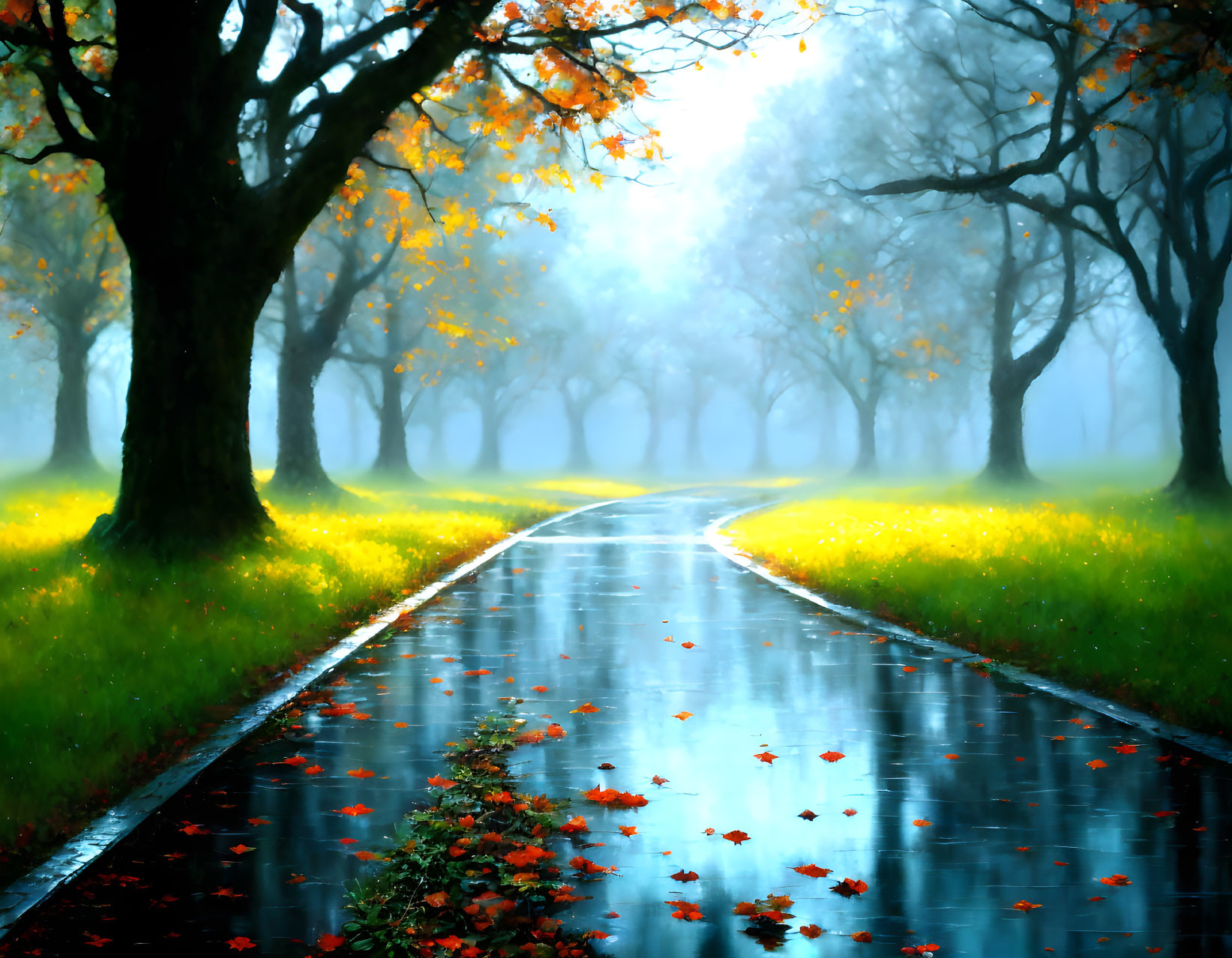 Tranquil autumn forest scene with wet road and golden leaves