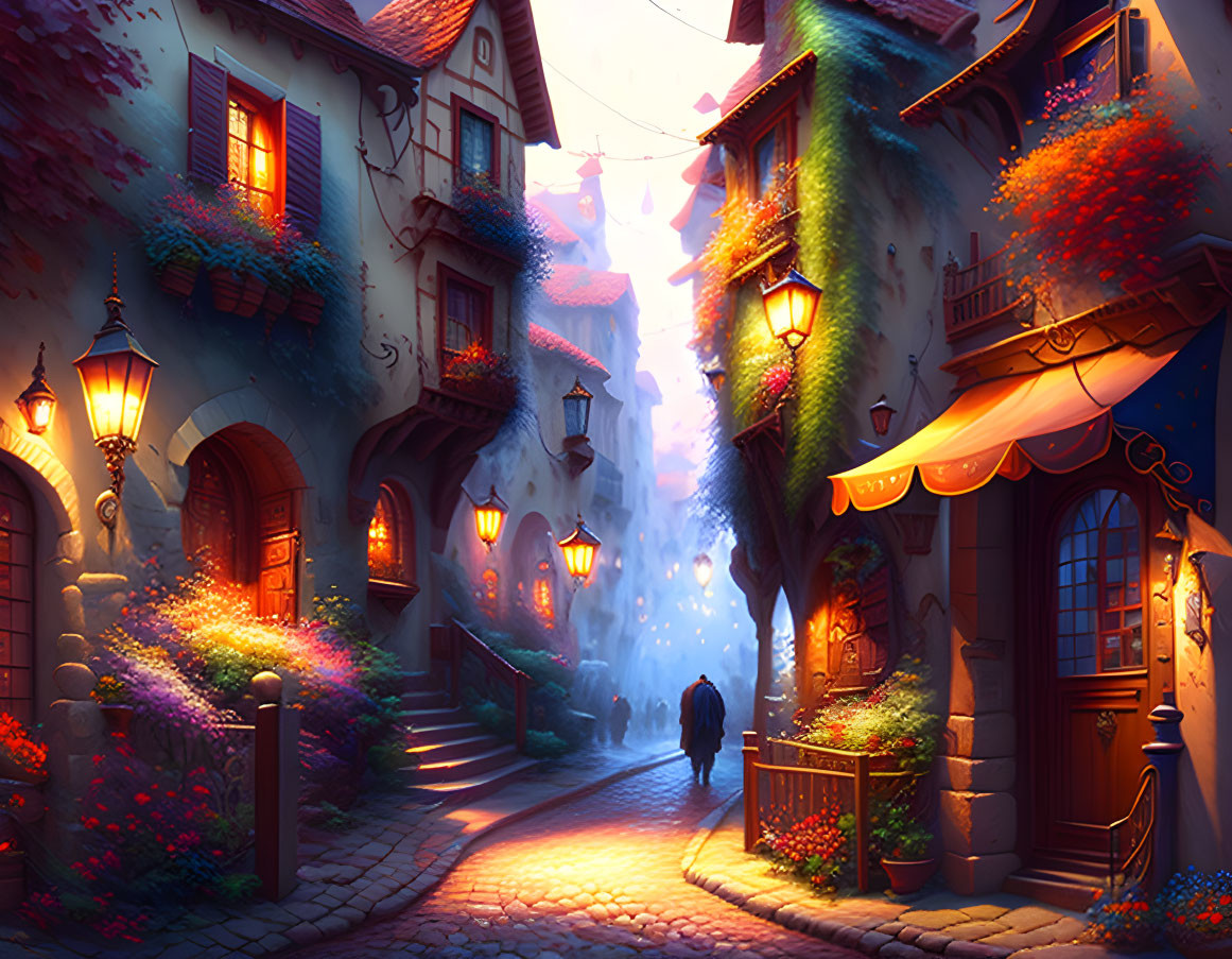 Charming cobblestone street with colorful houses and glowing lanterns