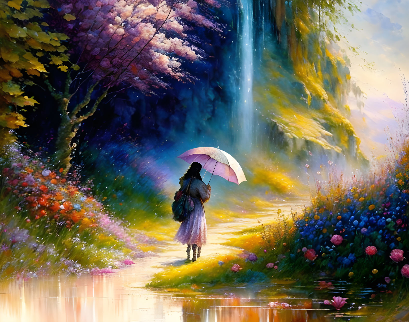 Person with umbrella by vibrant waterfall and pond