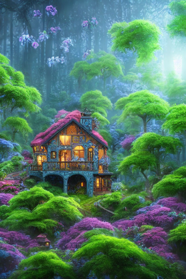 Charming Two-Story Cottage in Enchanted Forest with Purple and Green Flora