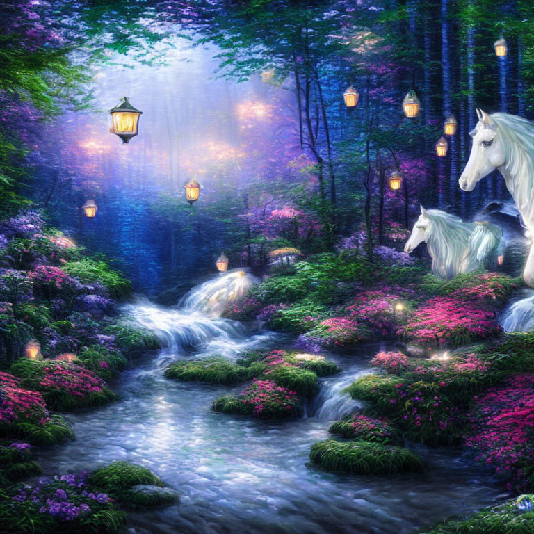 Enchanting forest scene with white unicorns by stream and lanterns