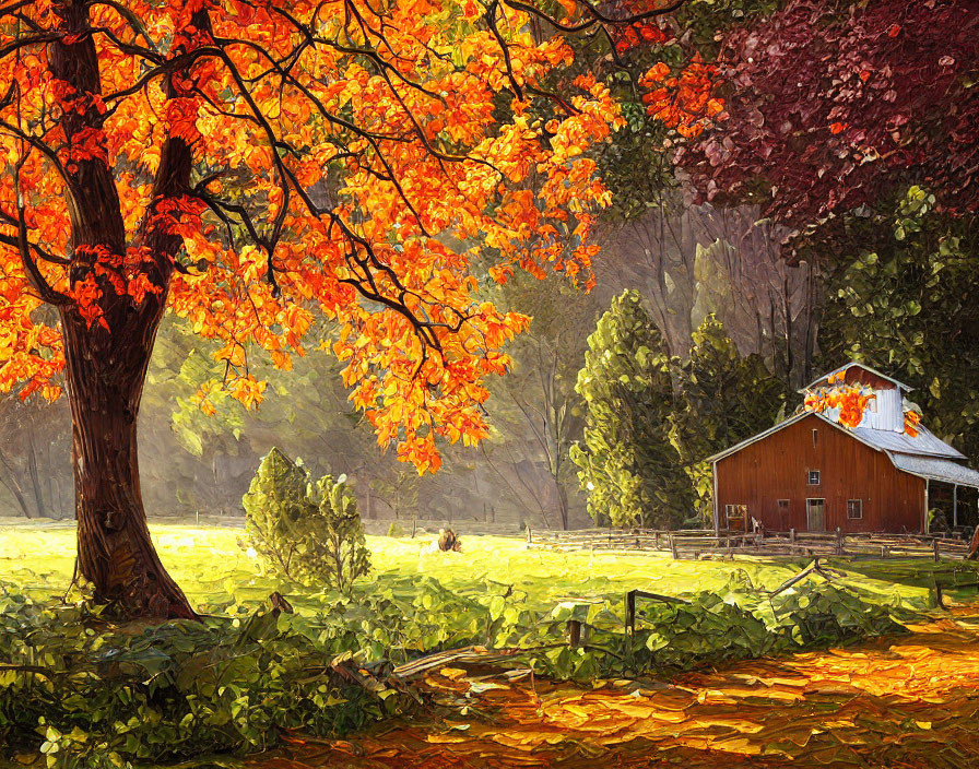 Vibrant autumn landscape with red barn, orange foliage, fallen leaves, and sunlight