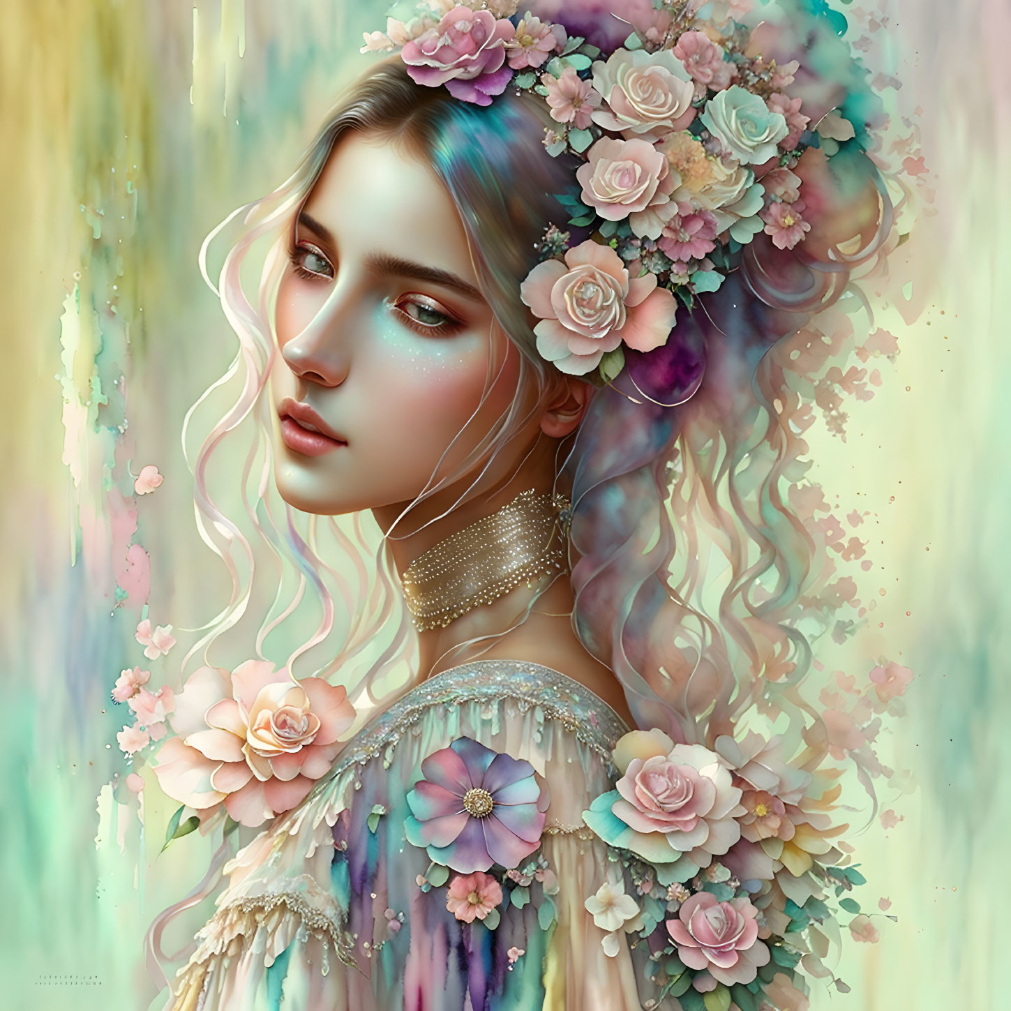 Digital art portrait of woman with flower-adorned hair, pastel tones, ethereal vibes,