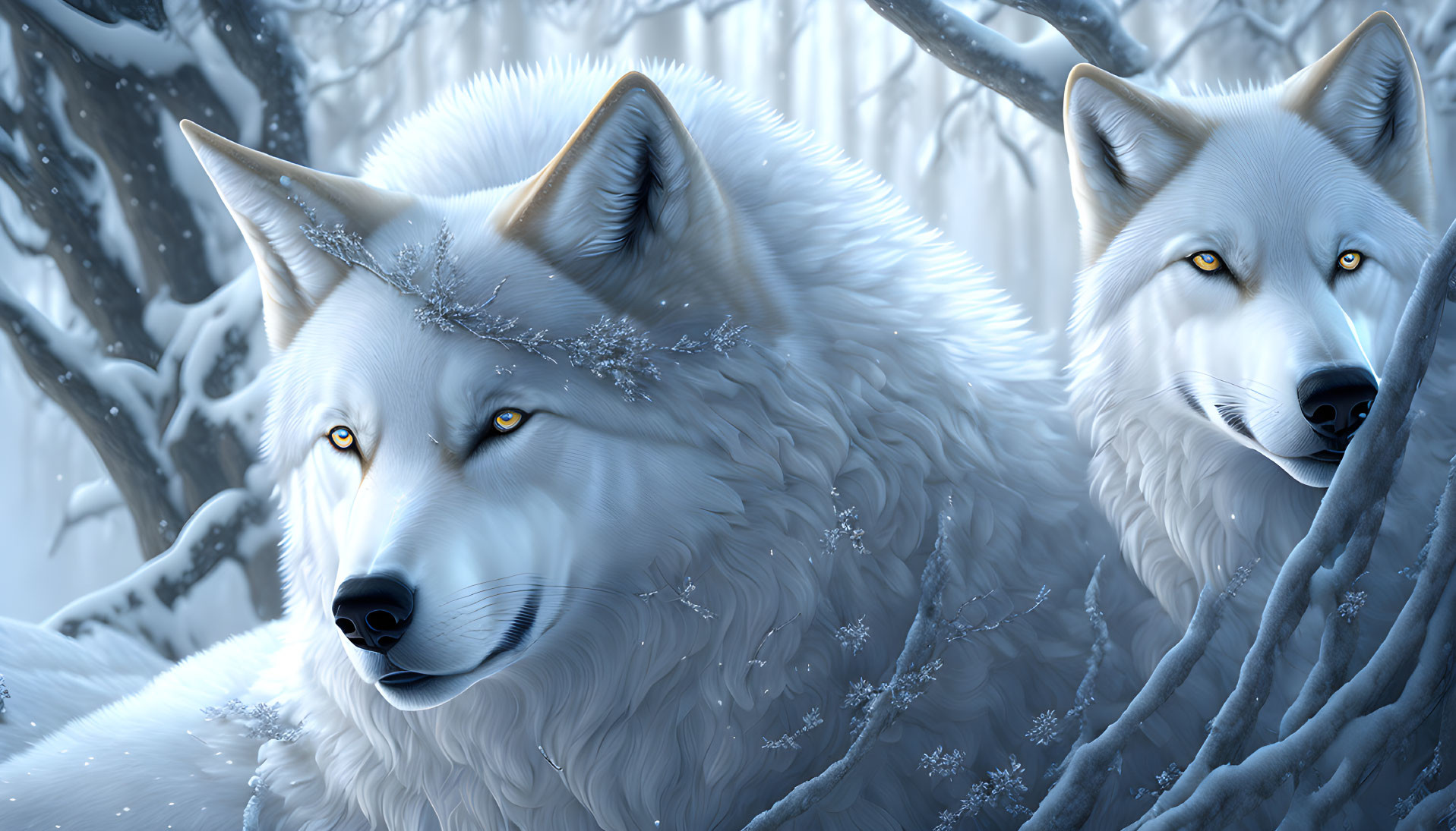 White wolves with yellow eyes in snowy forest with snowflakes.