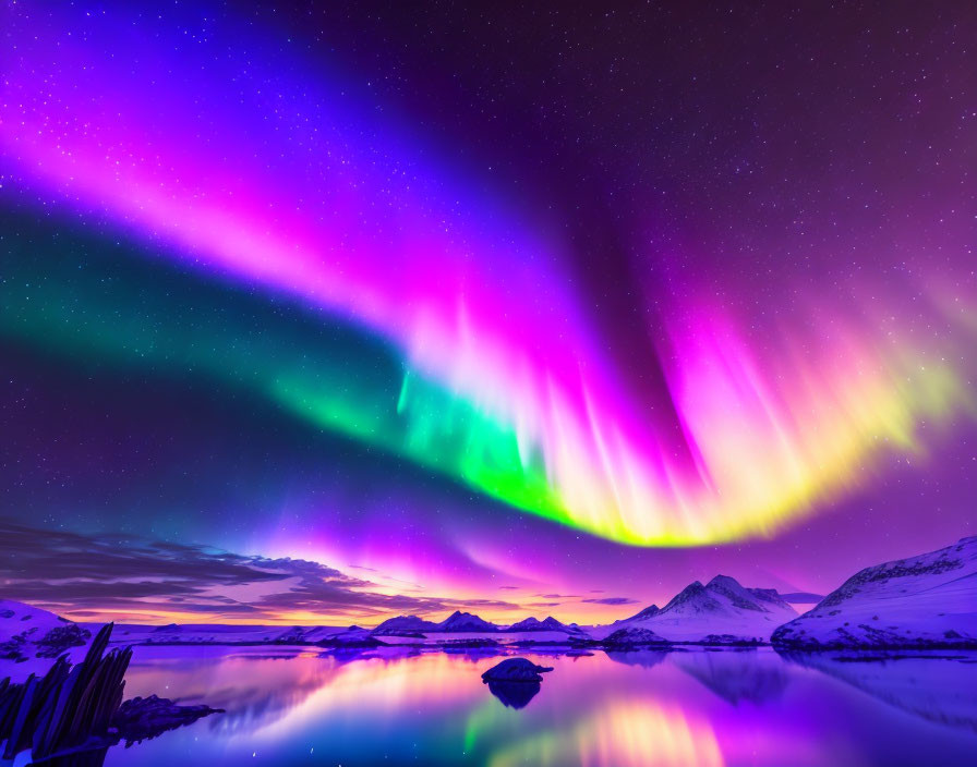 Colorful Aurora Borealis Lights Snowy Mountain Scene