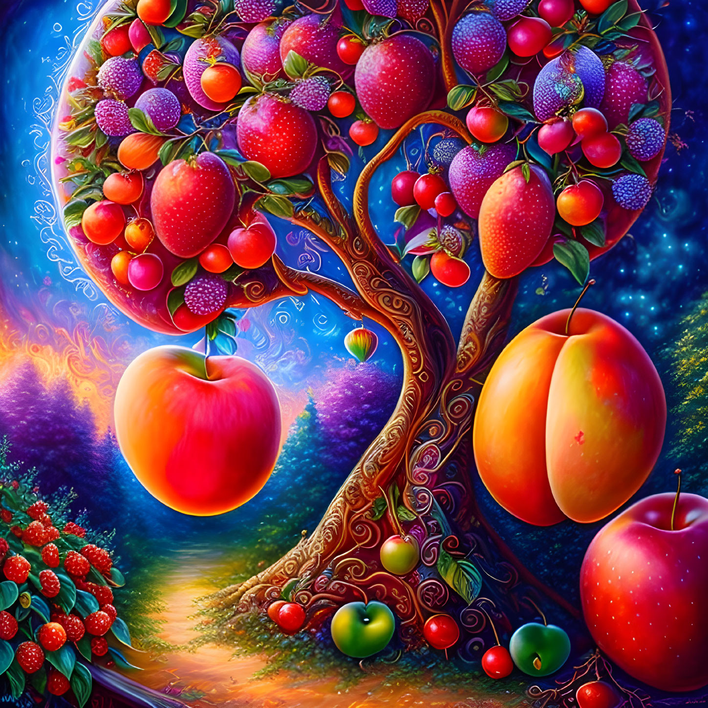 Colorful whimsical tree with oversized apples in magical starry background