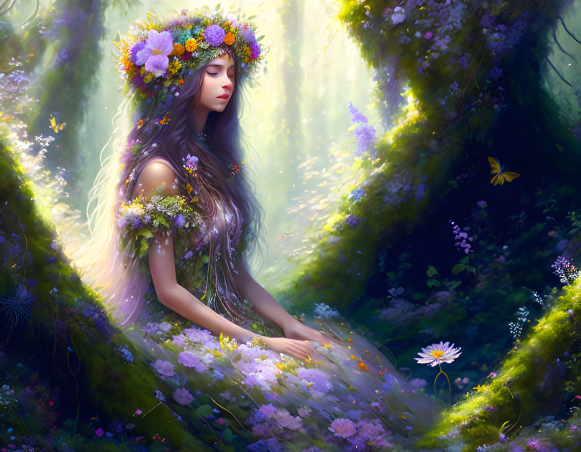 Woman with floral crown in ethereal forest glade