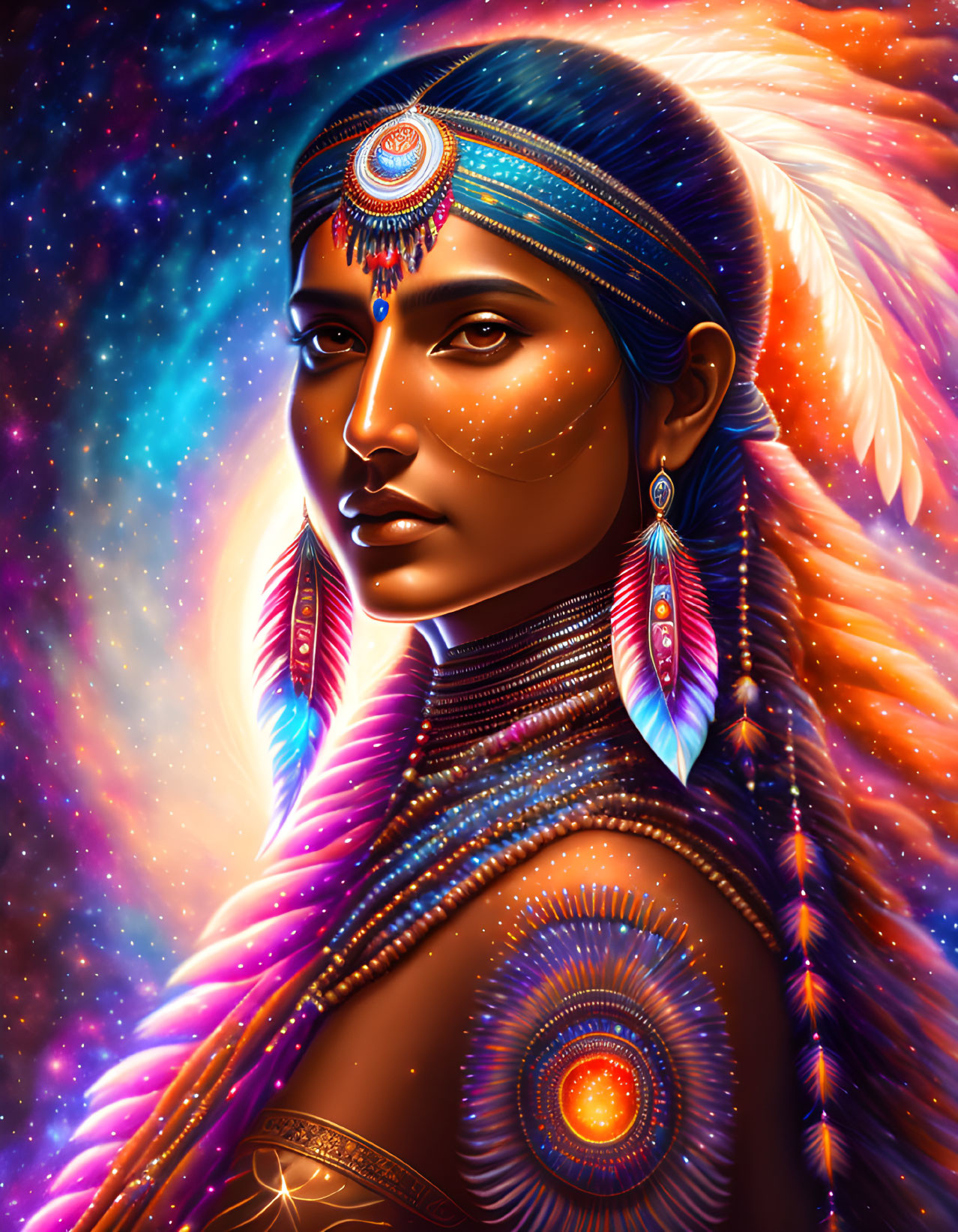 Colorful portrait of woman in Native American jewelry on cosmic backdrop