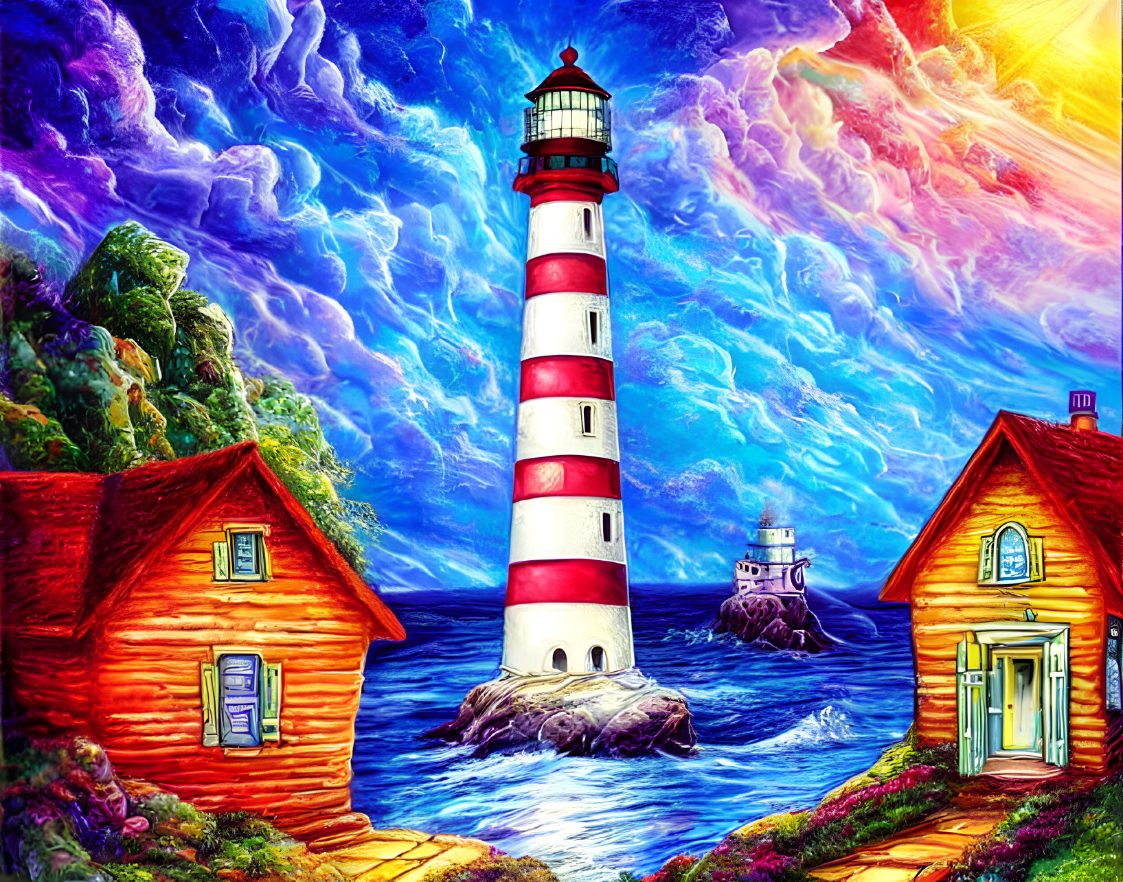 Vibrant red and white lighthouse by colorful houses at sea