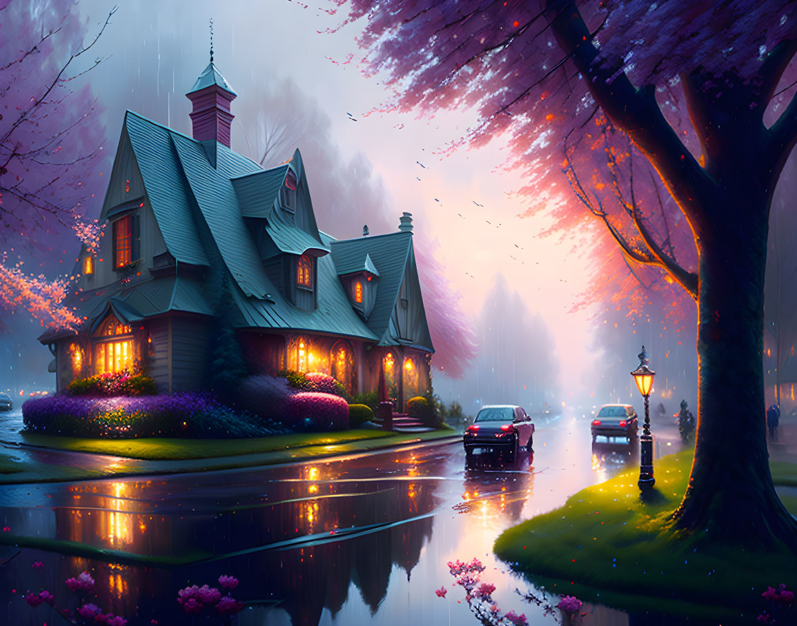 Charming house at twilight with warm lights and blossoming trees