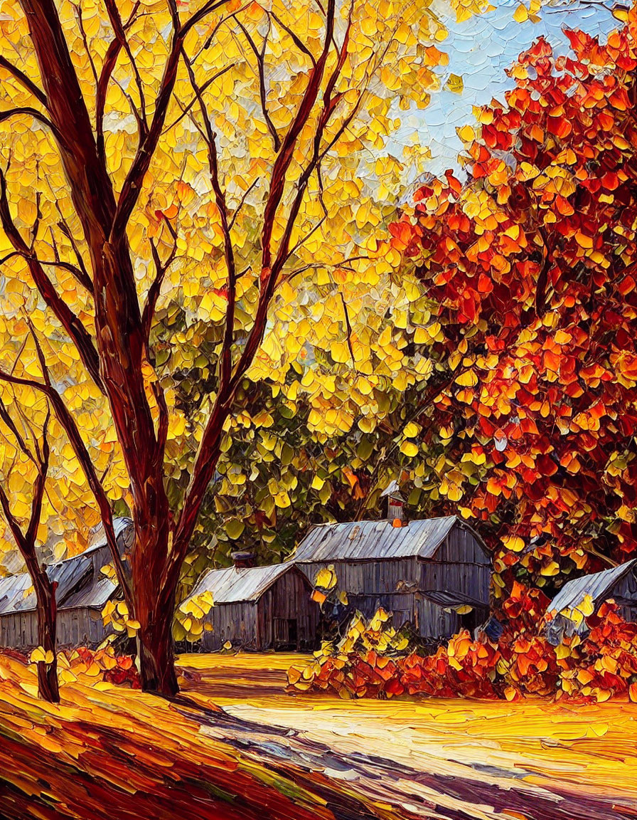 Colorful palette knife painting of autumn trees and cabins in sunlight