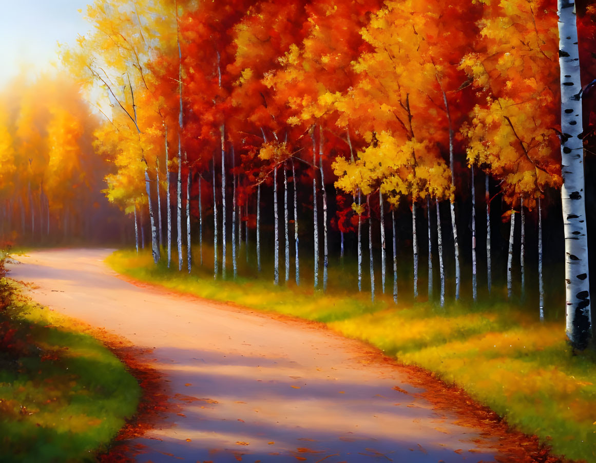 Vibrant autumn forest with winding path and colorful foliage