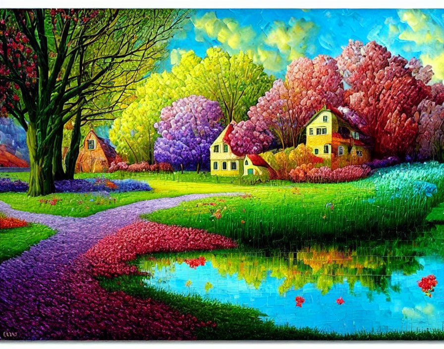 Colorful Landscape Painting with Trees, Stream, and Cottages