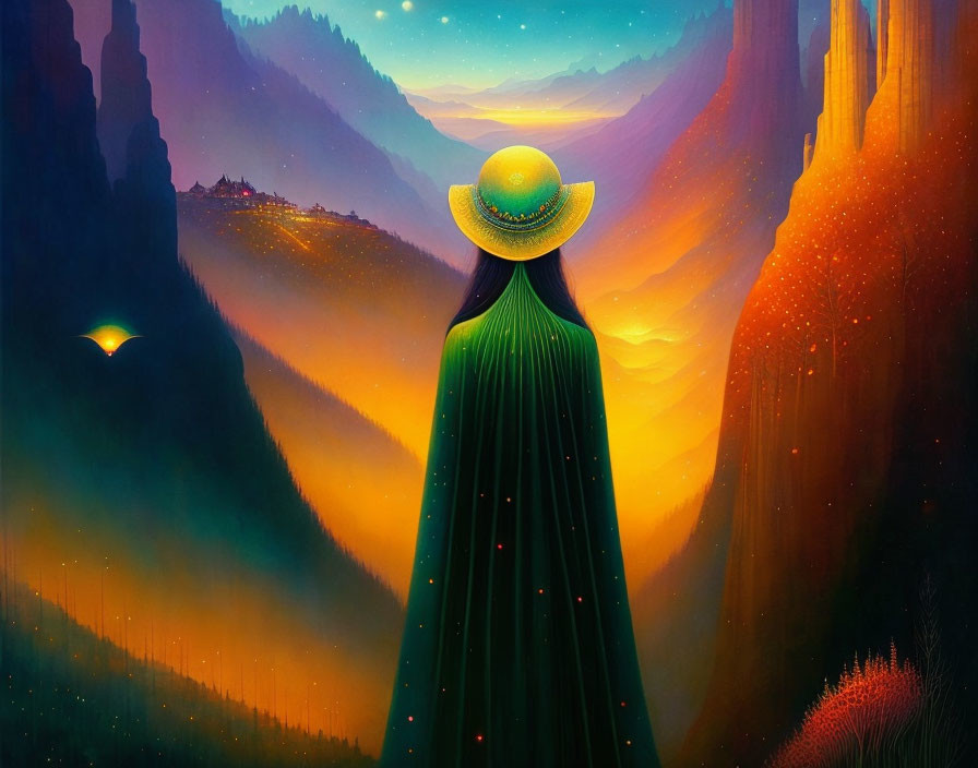 Figure in Green Cloak and Hat Gazes at Luminous Valley at Twilight