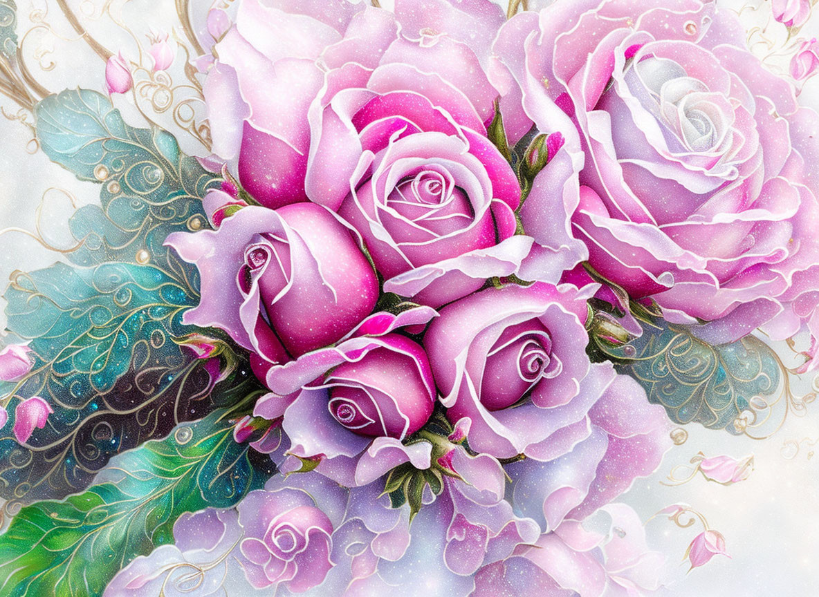 Illustrated pink roses with dew drops on textured background surrounded by green leaves