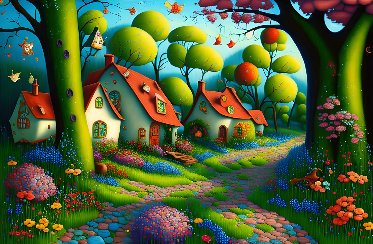 Colorful Storybook Landscape with Whimsical Houses and Butterflies