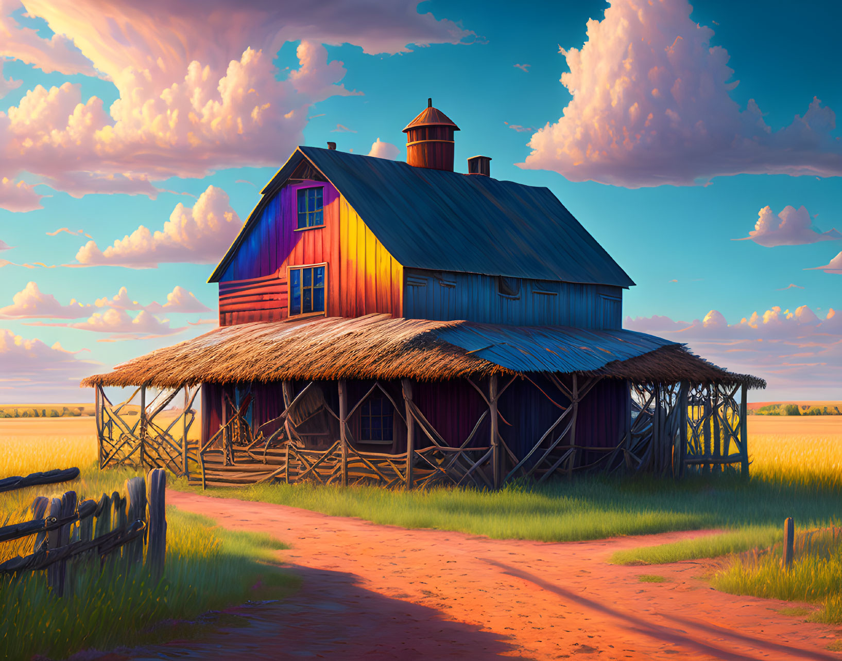 Colorful painting of rustic barn with red and blue facade in golden fields