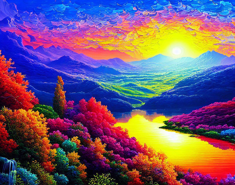 Colorful Sunset Landscape Painting with River, Mountains, and Trees