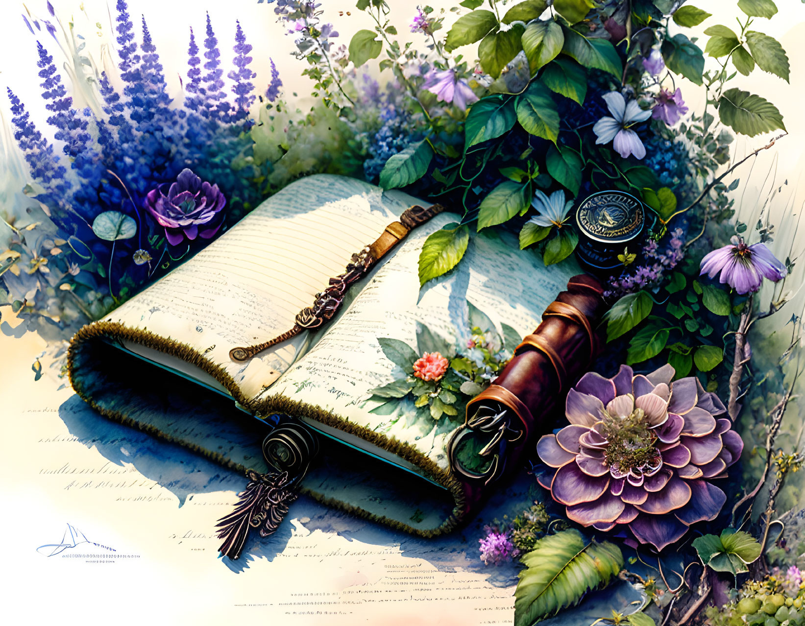 Brass telescope and quill pen on open book, surrounded by lush flora in vintage style