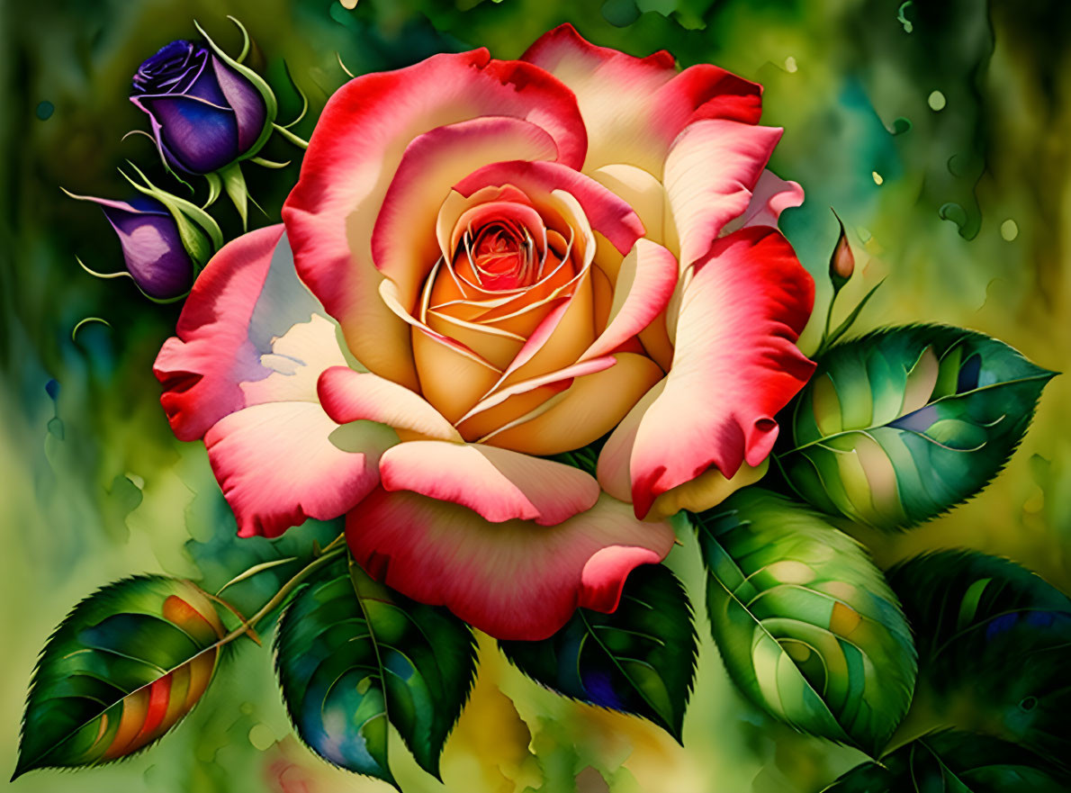 Colorful Bi-Colored Rose Illustration with Pink and Yellow Petals on Soft Bokeh Background