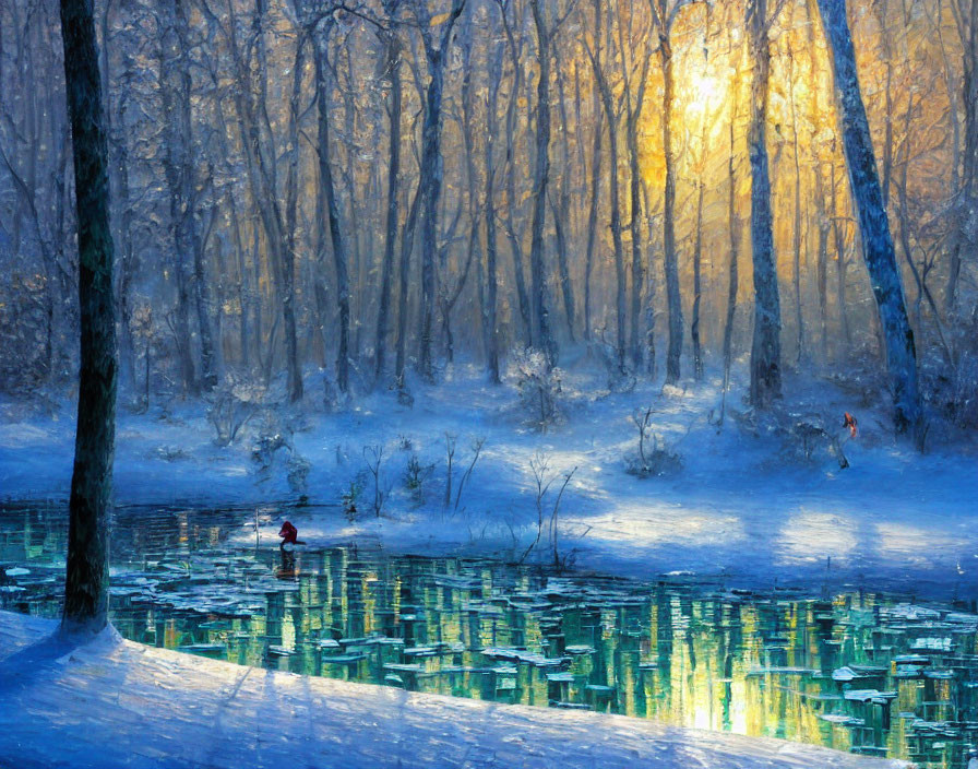 Frozen Pond in Snowy Woods with Sunlight Filtering Through Trees