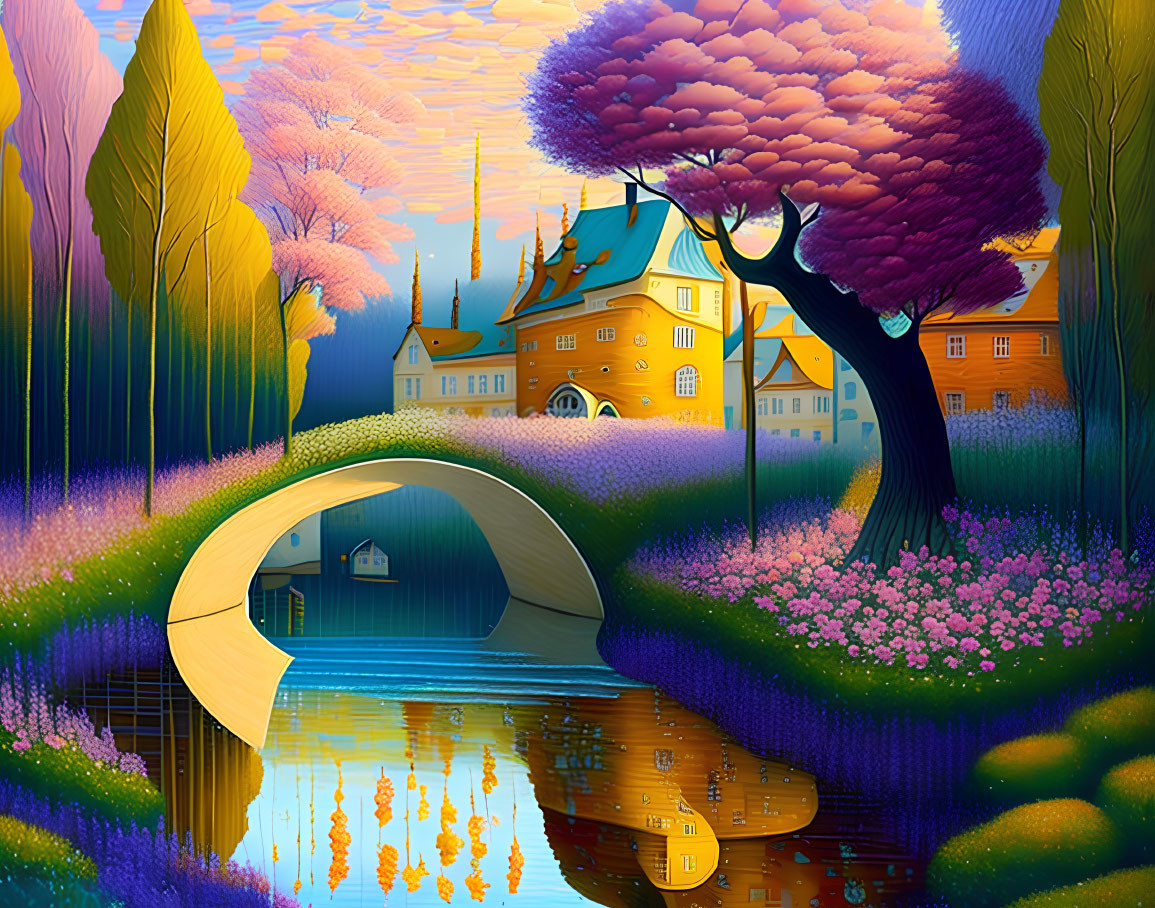 Colorful fairy-tale castle in vibrant landscape with river, bridge, autumn trees, and purple flowers