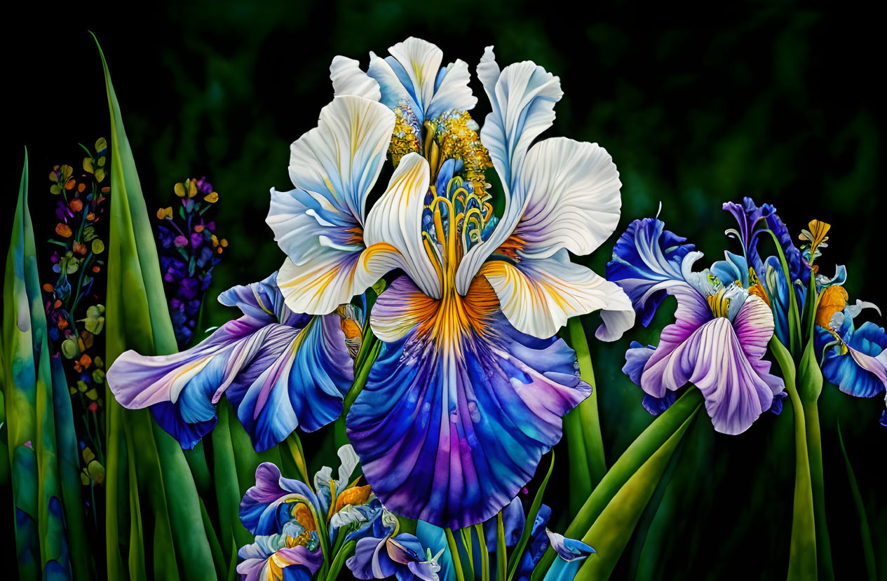 Colorful iris flowers with golden accents and green foliage on dark background