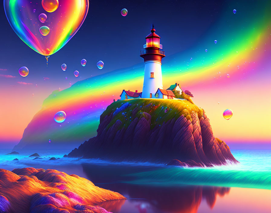 Colorful sky and whimsical lighthouse on cliff with bubbles and balloon by calm ocean