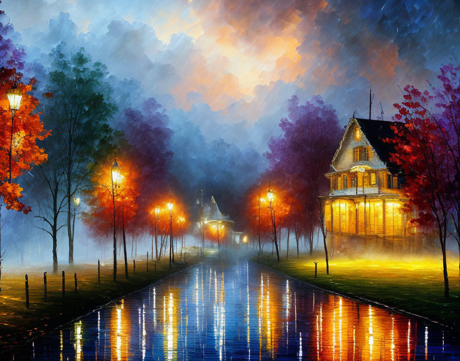 Vibrant painting of illuminated Victorian-style house at night