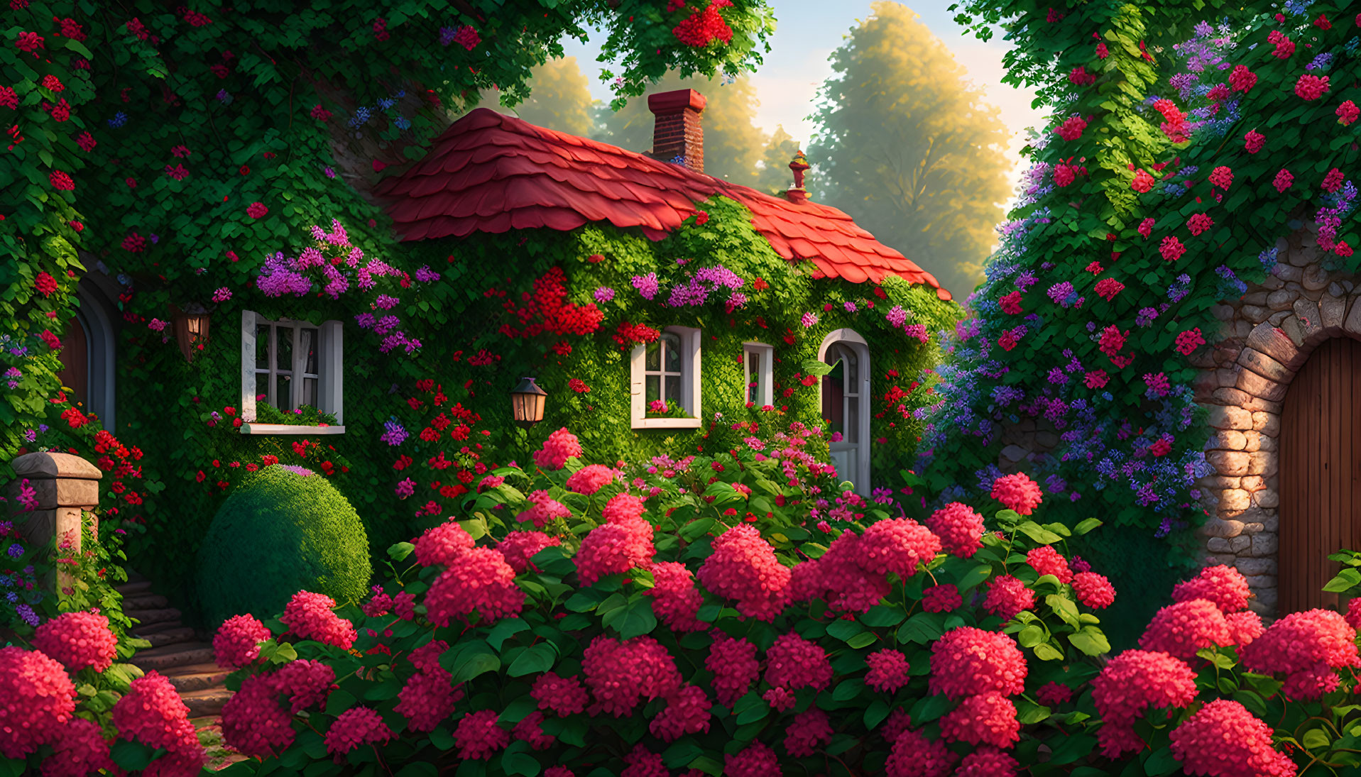 Charming cottage surrounded by vibrant flowers and lush greenery at sunset