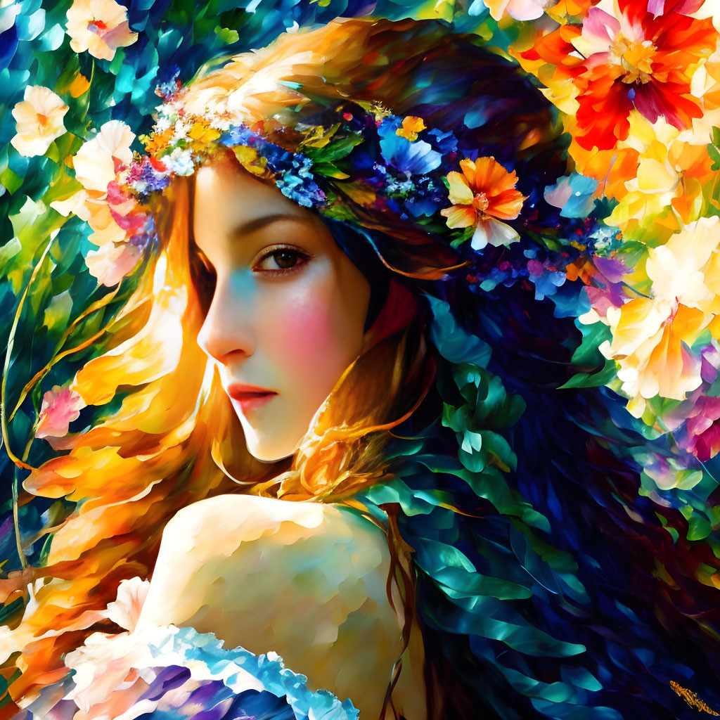 Colorful digital painting of woman with floral wreath in flower-filled setting