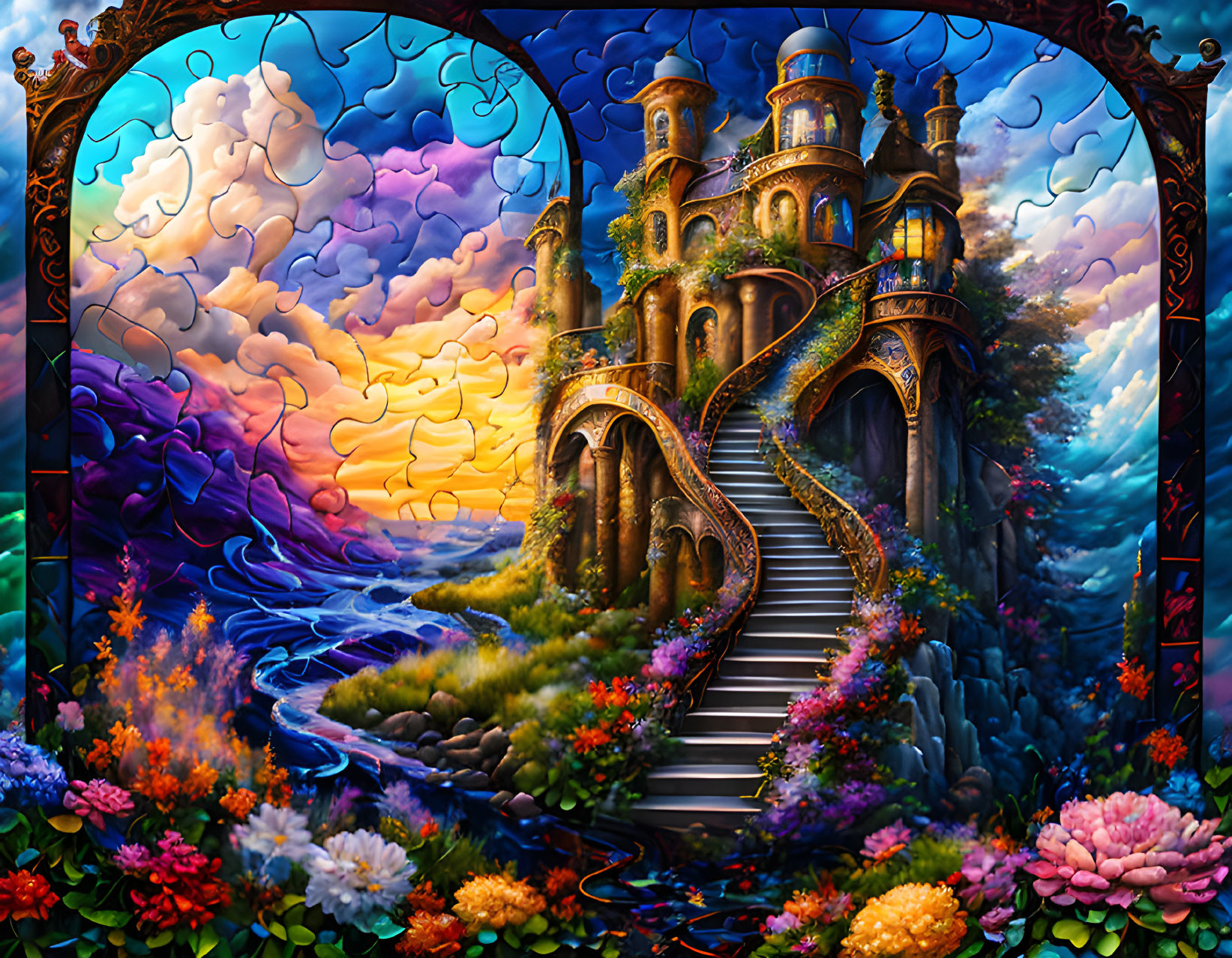 Colorful Whimsical Castle Puzzle with Sunset Sky and Sea