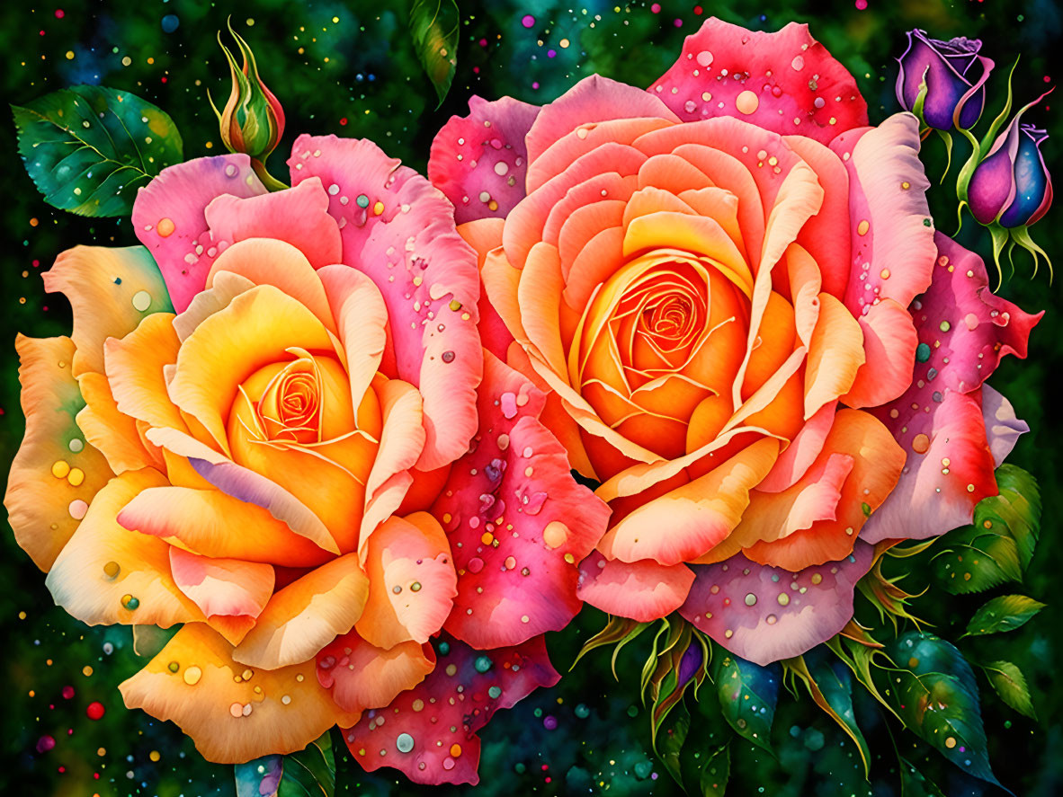 Colorful watercolor painting of two large roses with gradient from yellow to pink, adorned with water dro