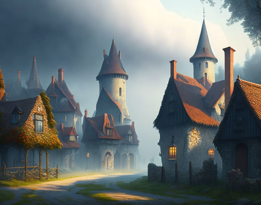 Medieval village with cobblestone houses and misty spires at golden hour