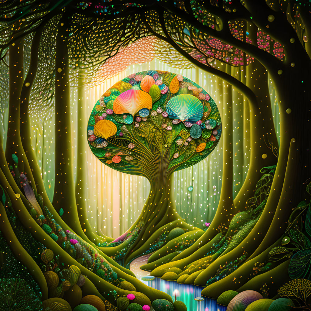 Colorful Surreal Forest Scene with Luminous Tree and Glowing Vegetation