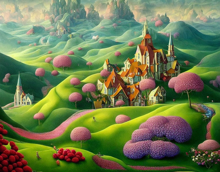 Colorful fantasy landscape with green hills, whimsical houses, purple trees, and tiny figures.