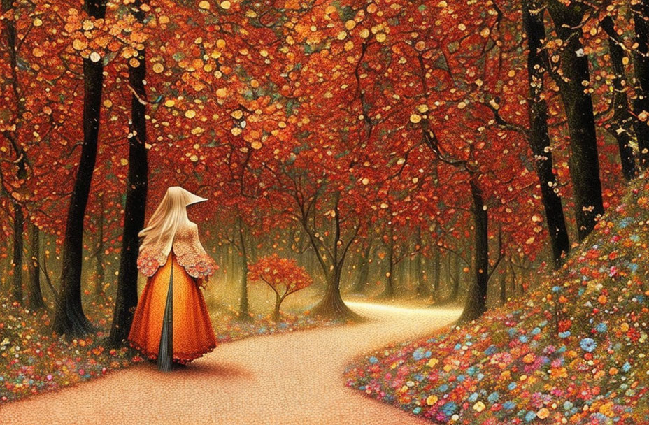 Person in Orange Dress Strolling Through Enchanting Autumn Forest