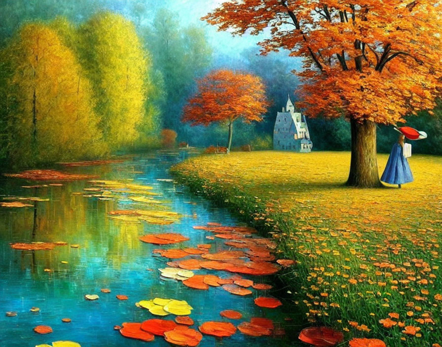 Colorful autumn landscape with person in red hat by river and white house in background