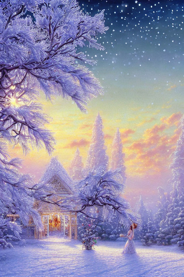 Snow-covered tree, person in white dress, cozy cottage in magical winter scene