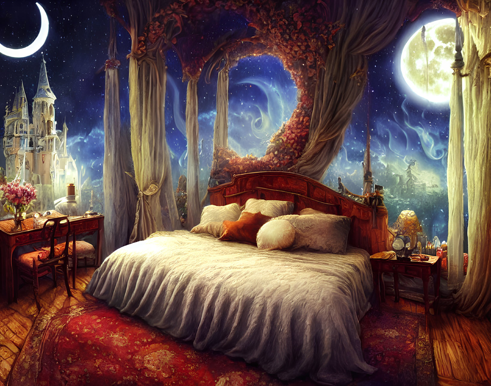 Fantasy Bedroom with Ornate Bed, Castle View, Books, and Crescent Moon