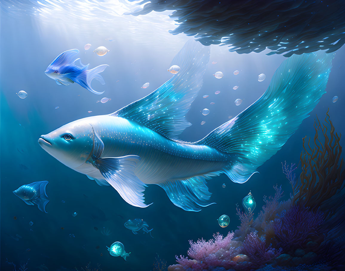 Blue fish with delicate fins in underwater scene with bubbles and dappled sunlight