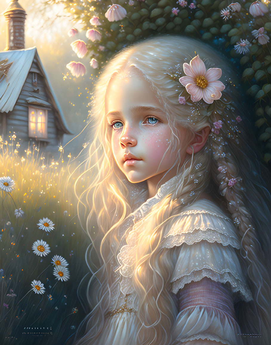 Digital Art Portrait: Young Girl with Long Blond Hair in Magical Forest at Dusk