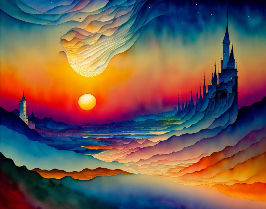 Colorful Fantasy Landscape with Castle, Hills, Sun, and Clouds